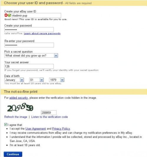 выбор ника и пароля для Интернет аукциона ebay